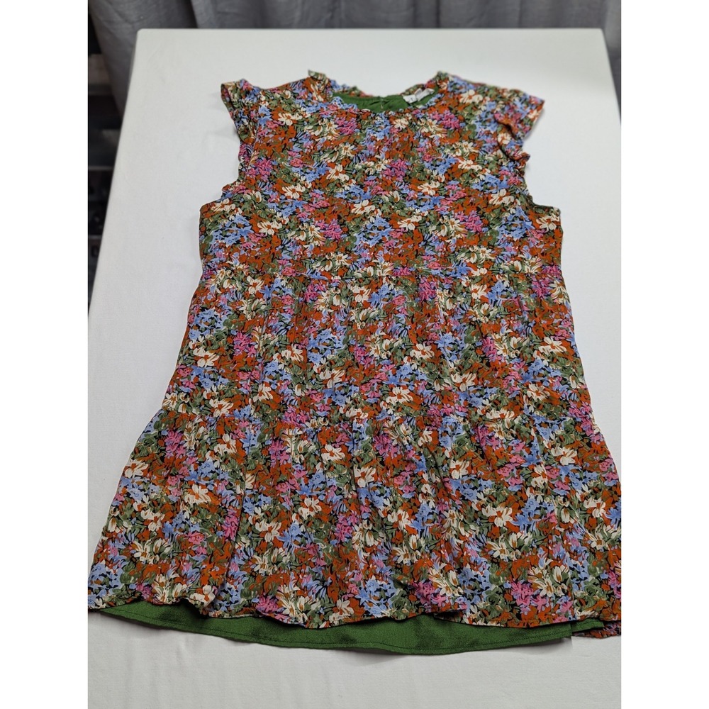 Anthropologie THML Women Green Floral Mini Dress Ruffle Sleeve WCT1489-VE Size L